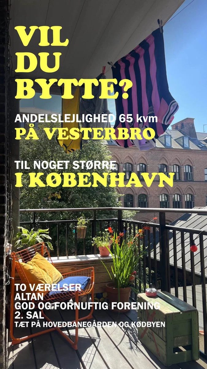 Bytte: 2V andel på Vesterbro, 65 m² med altan