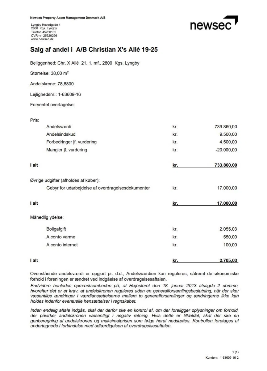 1-værelses andelslejlighed med altan i Kongens Lyngby – 38 kvm