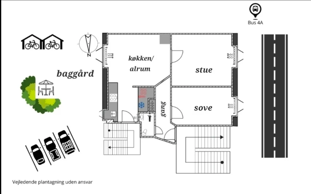 Hyggelig og lys 2v lejlighed (ombygget 3v) på FRB